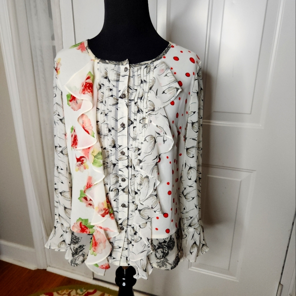 Womens‎ V Cristina Ruffled Floral Blouse  Size Small